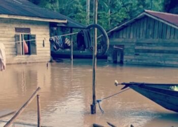 Air tergenang di rumah warga di Desa Muara Toyu, Kecamatan Long Kali, Paser
