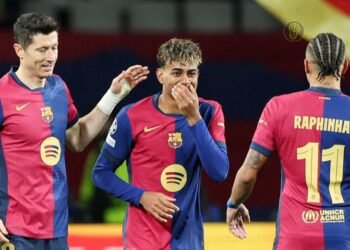 Tiga penyerang Barcelona Robert Lewandowski, Raphinha dan Lamine Yamal. (Ist)