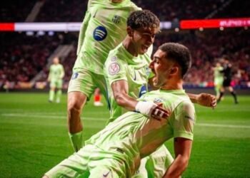 Pemain Barcelona Lamine Yamal, Ferran Torres dan Fermin Lopez rayakan gol. (Ist)