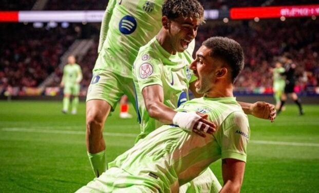 Pemain Barcelona Lamine Yamal, Ferran Torres dan Fermin Lopez rayakan gol. (Ist)