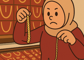 Ilustrasi Aksi Penipuan di Toko Emas Purnama Bontang: Wanita 39 Tahun Nekat Tukar Kalung Emas Asli dengan Emas Palsu. (ChatGPT)