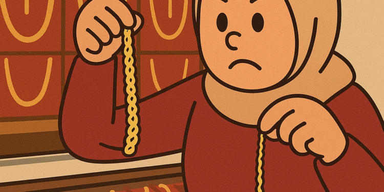 Ilustrasi Aksi Penipuan di Toko Emas Purnama Bontang: Wanita 39 Tahun Nekat Tukar Kalung Emas Asli dengan Emas Palsu. (ChatGPT)