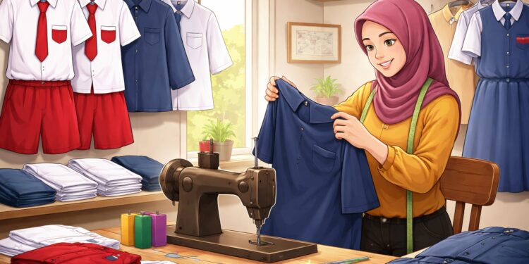 Ilustrasi penjahit seragam sekolah. (AI)