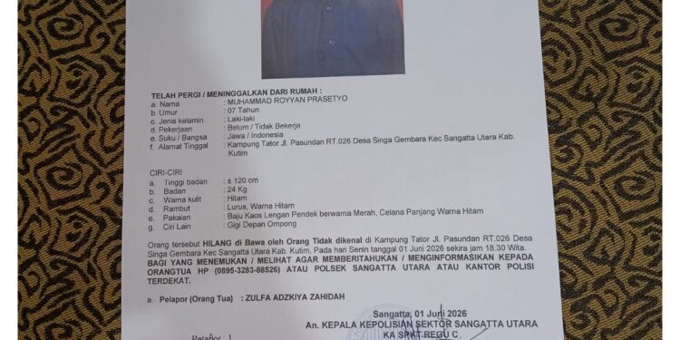 Seorang bocah laki-laki bernama Muhammad Royyan Prasetyo (7) dilaporkan hilang