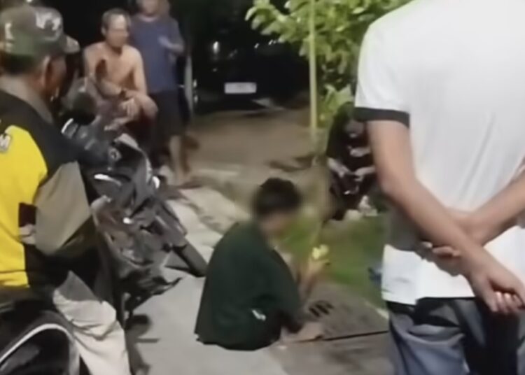 Terlihat terduga pelaku diamankan warga karna mencuri mangga